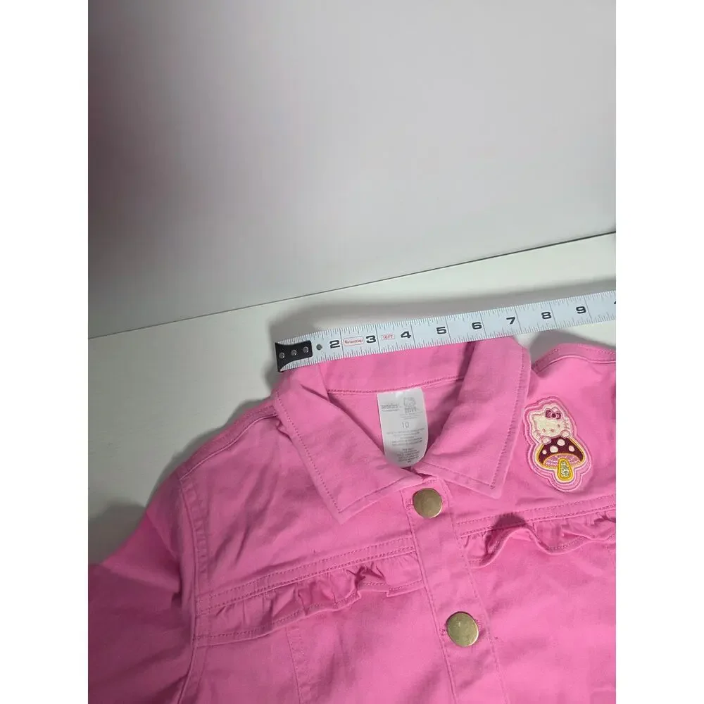 Hello Kitty Girls Denim Jacket Size 10 Pink Patch Snap Button Closure KidCore